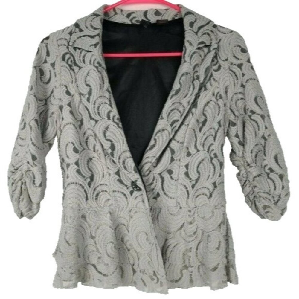 BKE Boutique Womens Blazer Jacket Small Beige Lace 3/4 Sleeve Fairy Office Siren